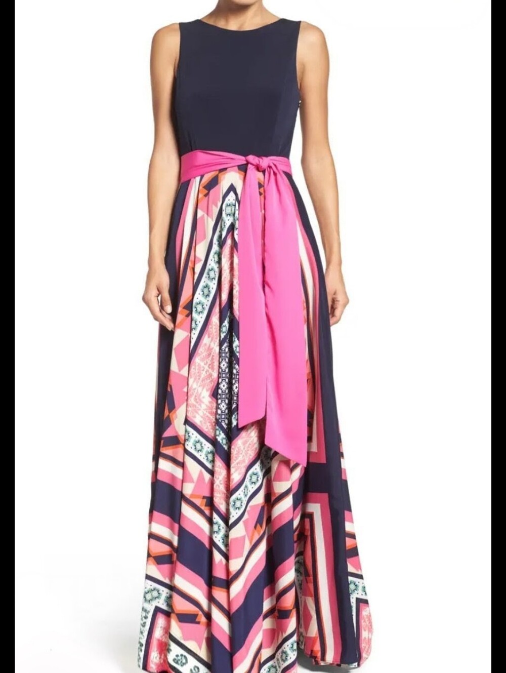 Eliza J Navy Maxi Skirt with Hot Pink Sash and Multicolor Geometric Panels